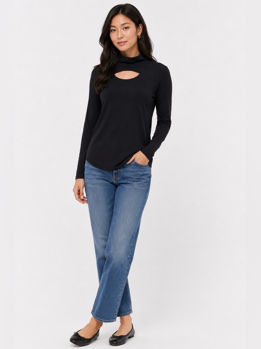 Chaser Black Mock Neck Cutout Long Sleeve Top | Size Small